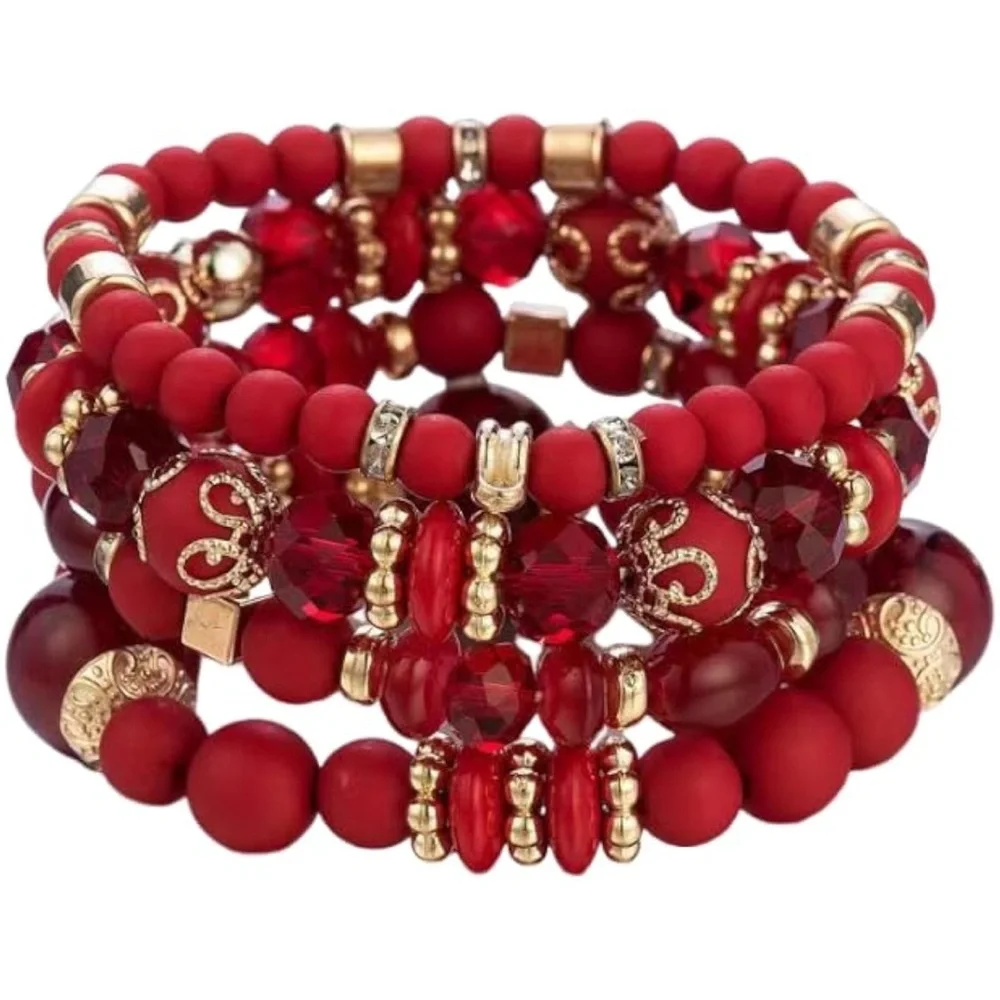 ❤️Stunning Stackable Red & Gold Bead Stretchy Bracelets❤️ - Picture 1 of 1